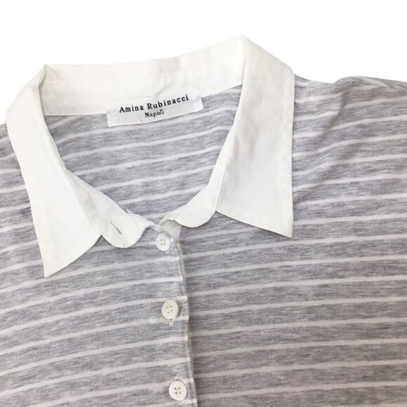 Amina Rubinacci Italy Polo Long Sleeve Gray White Stripe Cotton Size 48 or US 12 - Picture 8 of 10